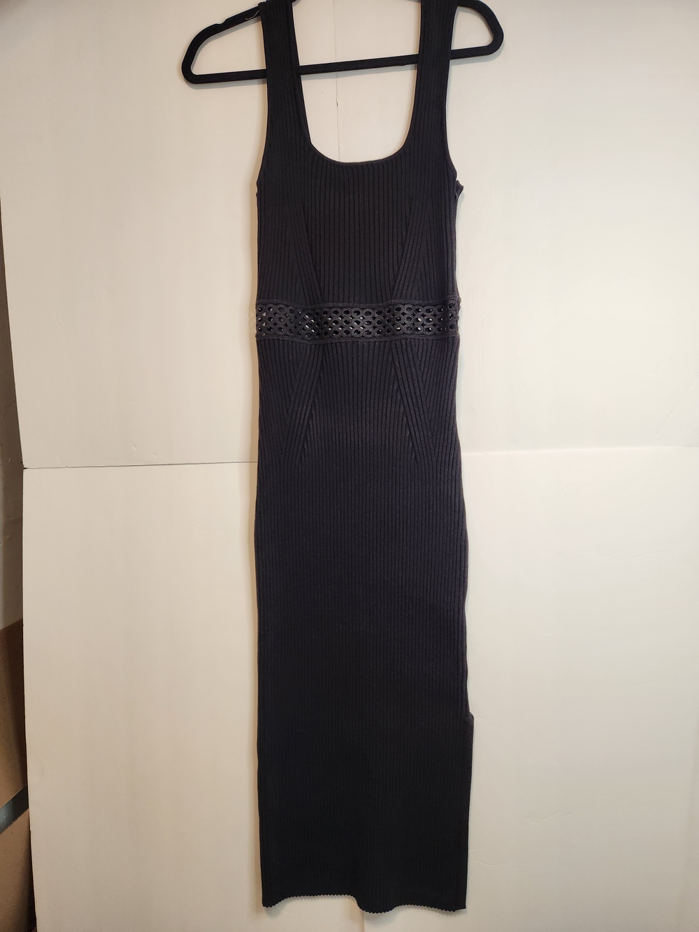 House of Harlow 1960 Black Ribbed Maxi Dress with Laser-Cut Waist Band
